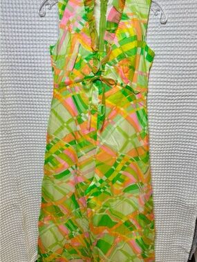 Vintage 60’s,70’s Malia Honolulu Wide Leg Palazzo Jumpsuit. Neon Ruffle- Size 10